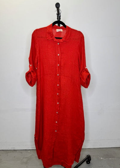 The Pink Door Long Linen Shirt Dress - Red