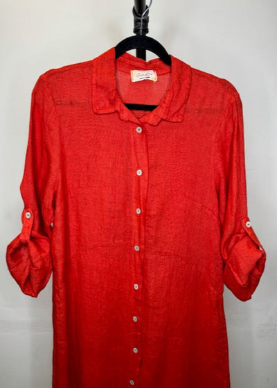 The Pink Door Long Linen Shirt Dress - Red
