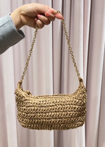 The Pink Door Raffia Mini Bag w/ Gold Chain Strap Taupe