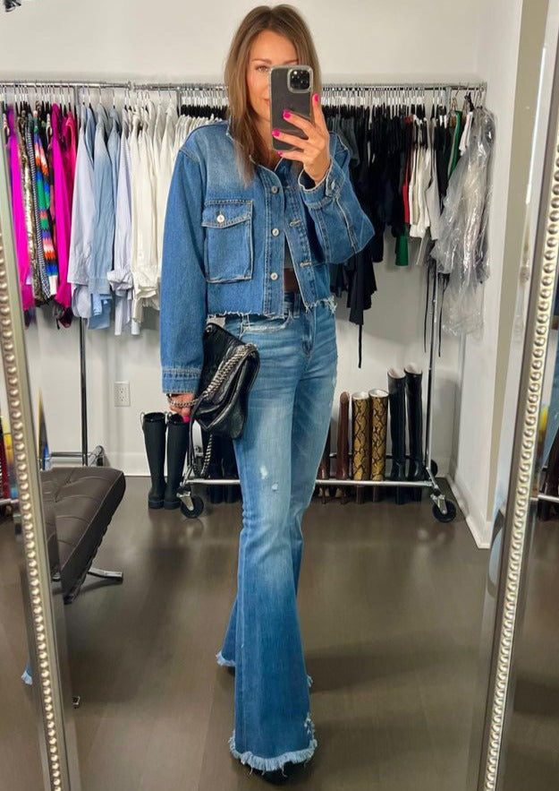 The Pink Door High Rise Flare Denim w/ Frayed Bottom