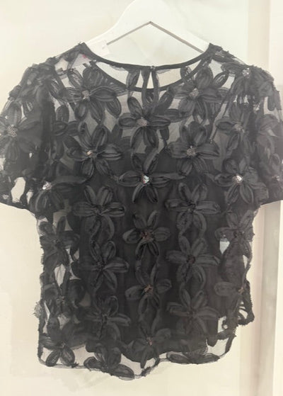 The Pink Door Lace Floral Appliqué Top Black