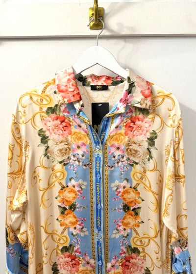 The Pink Door Silky Rosette Shirt Dress Blue