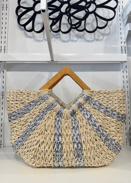 The Pink Door Wood Handle Rattan Bag Silver
