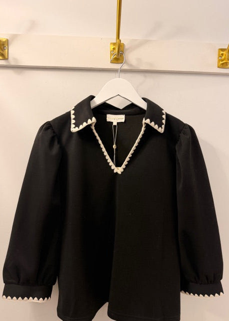 The Pink Door Ivory Whip Stitch Pouf Sleeve Top Black