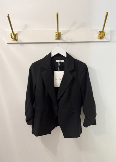 The Pink Door Ruched Sleeve Short Blazer Black