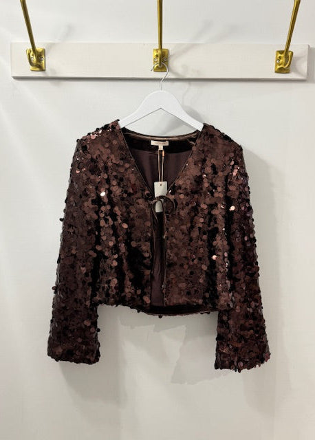 The Pink Door Sequin Tie Front Jacket Brown