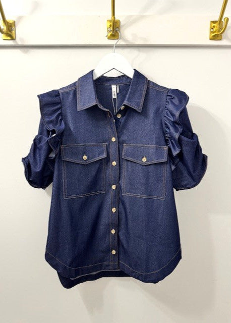 The Pink Door Dark Denim Pouf Sleeve Ruffle Top