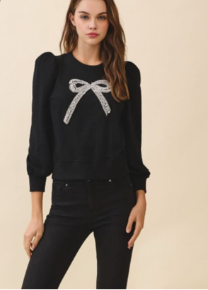 The Pink Door Pouf Sleeve Crew w/ Silver Sparkle Bow Black