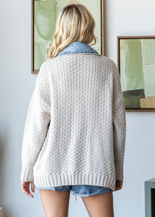 The Pink Door Cable Knit & Denim Mix Jacket Ivory