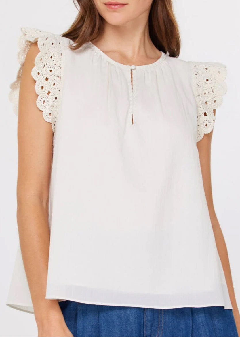 The Pink Door Crochet Ruffle Detail Blouse Cream