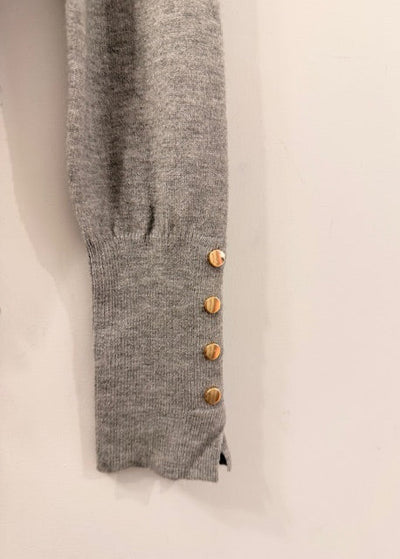 The Pink Door Fine Knit Turtleneck Sweater w/ Gold buttons Heather Grey