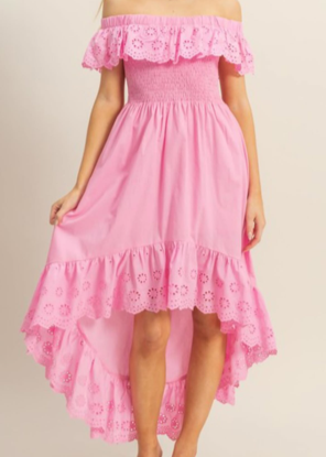 The Pink Door Ruffle Eyelet Detail High Low Dress Pink