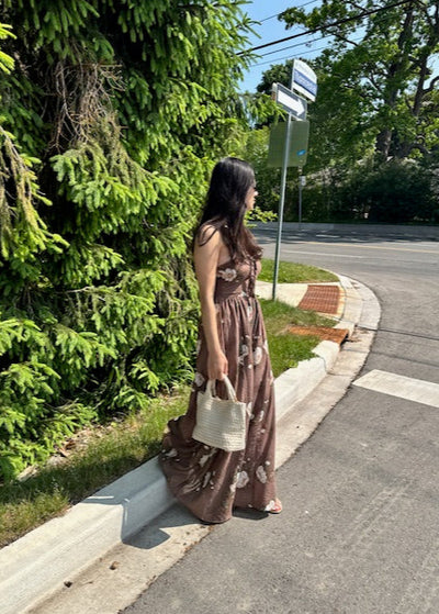 The Pink Door Strapless Floral Jumpsuit Brown