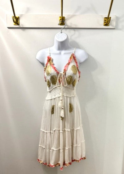 The Pink Door White Beach Dress w/ Gold & Pink Detail