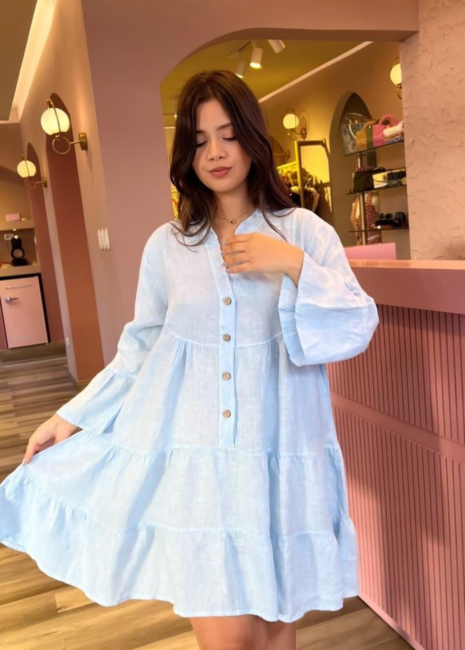 The Pink Door Ruffle Tier Linen Dress - Light Blue