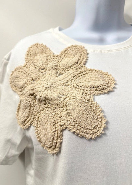 The Pink Door Embroidered Flower Tee Taupe/White