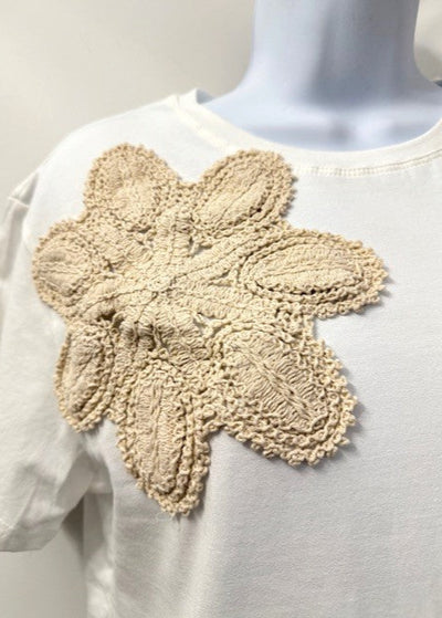 The Pink Door Embroidered Flower Tee Taupe/White