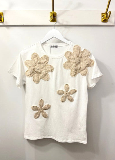 The Pink Door Embroidered Flower Tee Taupe/White