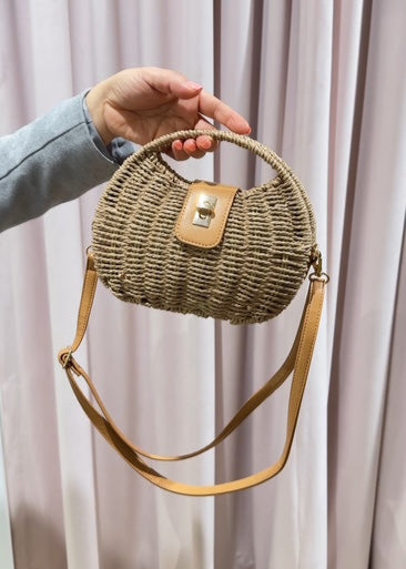 The Pink Door Mini Wicker Purse w/ Cross Body Strap Taupe