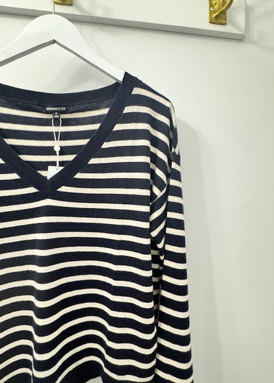 Minnie Rose Cashmere Striped Wide V-Neck Navy