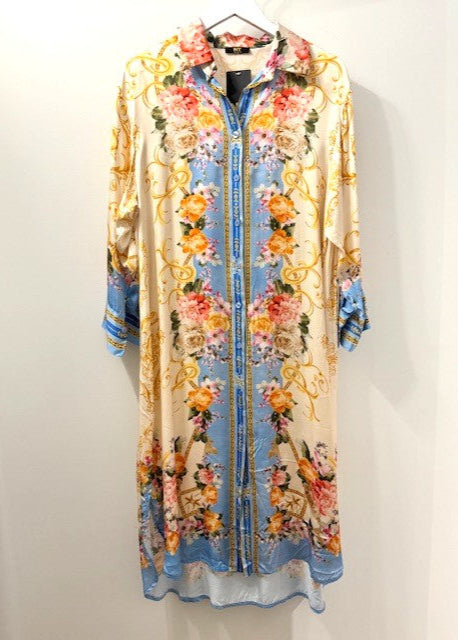 The Pink Door Silky Rosette Shirt Dress Blue