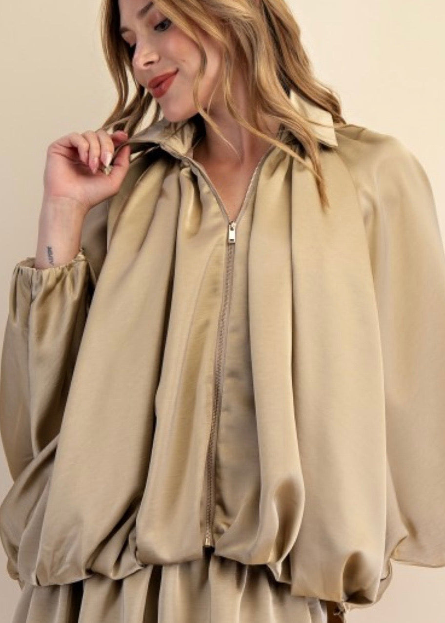 The Pink Door Satin Zip Up Bubble Jacket Taupe