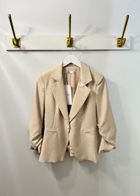 The Pink Door Ruched Sleeve Short Blazer Beige
