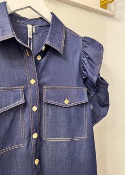 The Pink Door Dark Denim Pouf Sleeve Ruffle Top