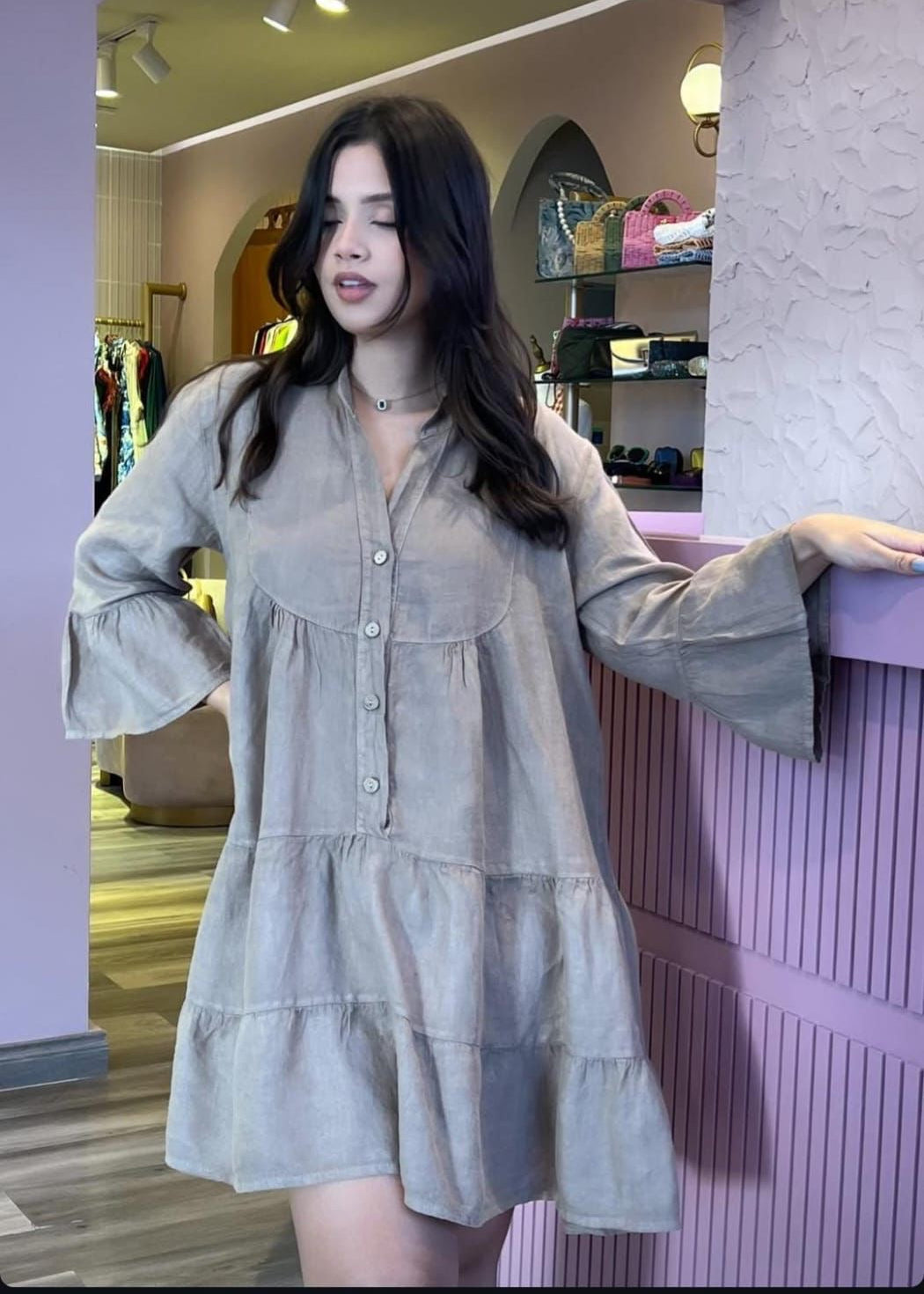 The Pink Door Ruffle Tier Linen Dress - Latte