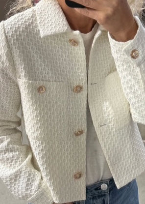The Pink Door Textured Knit Gold Button Jacket Ivory