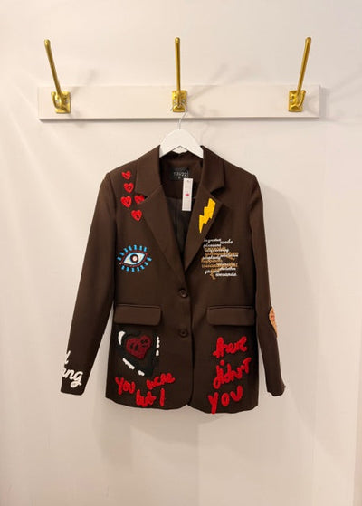 The Pink Door Embroidered Graffiti Blazer Brown