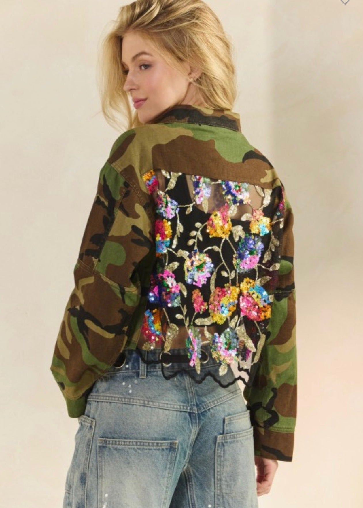 The Pink Door Camo Jacket w/ Back Sparkle Detail Black
