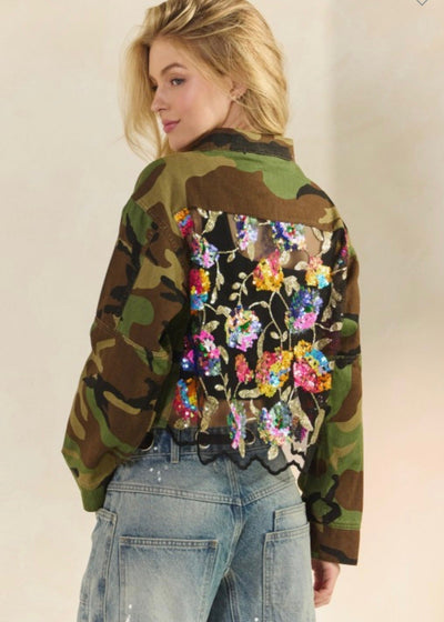 The Pink Door Camo Jacket w/ Back Sparkle Detail Black