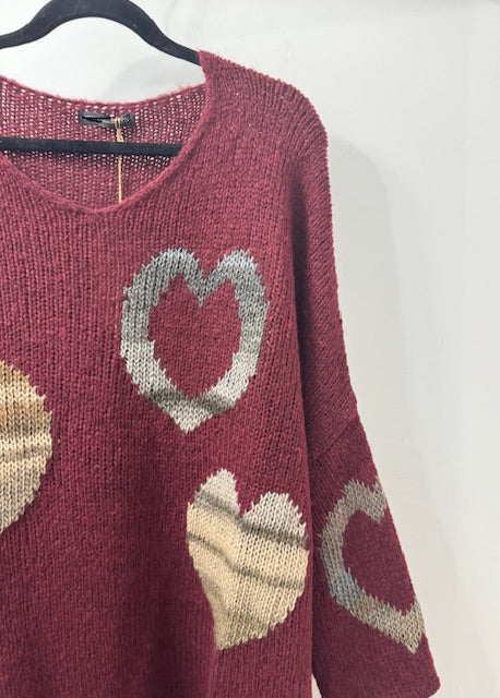 The Pink Door Multi Heart Sweater Wine