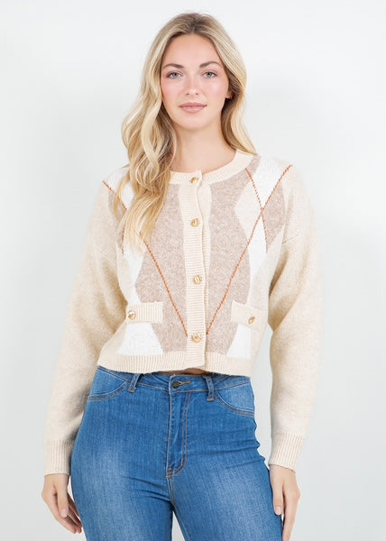 The Pink Door Argyle Cardigan Ivory