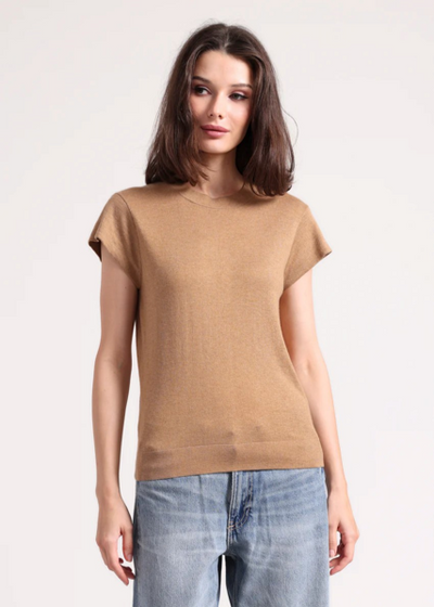 Minnie Rose Supima Cotton Cap Sleeve Crew Sand