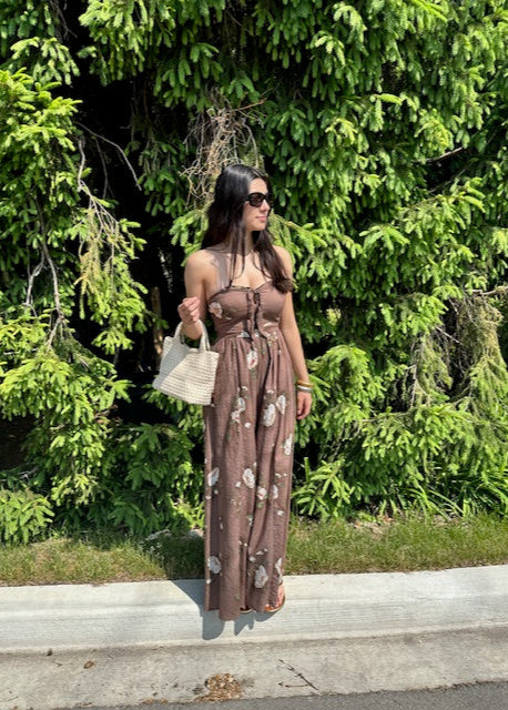 The Pink Door Strapless Floral Jumpsuit Brown