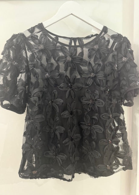 The Pink Door Lace Floral Appliqué Top Black