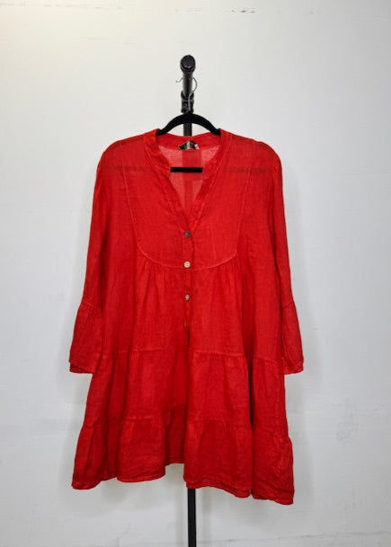 The Pink Door Ruffle Tier Linen Dress - Red