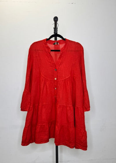 The Pink Door Ruffle Tier Linen Dress - Red