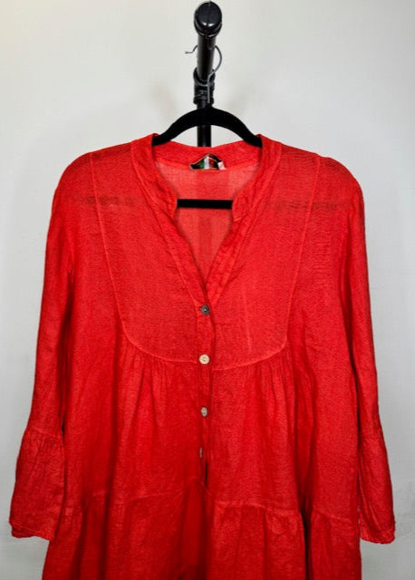 The Pink Door Ruffle Tier Linen Dress - Red