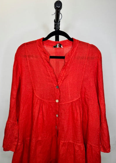 The Pink Door Ruffle Tier Linen Dress - Red