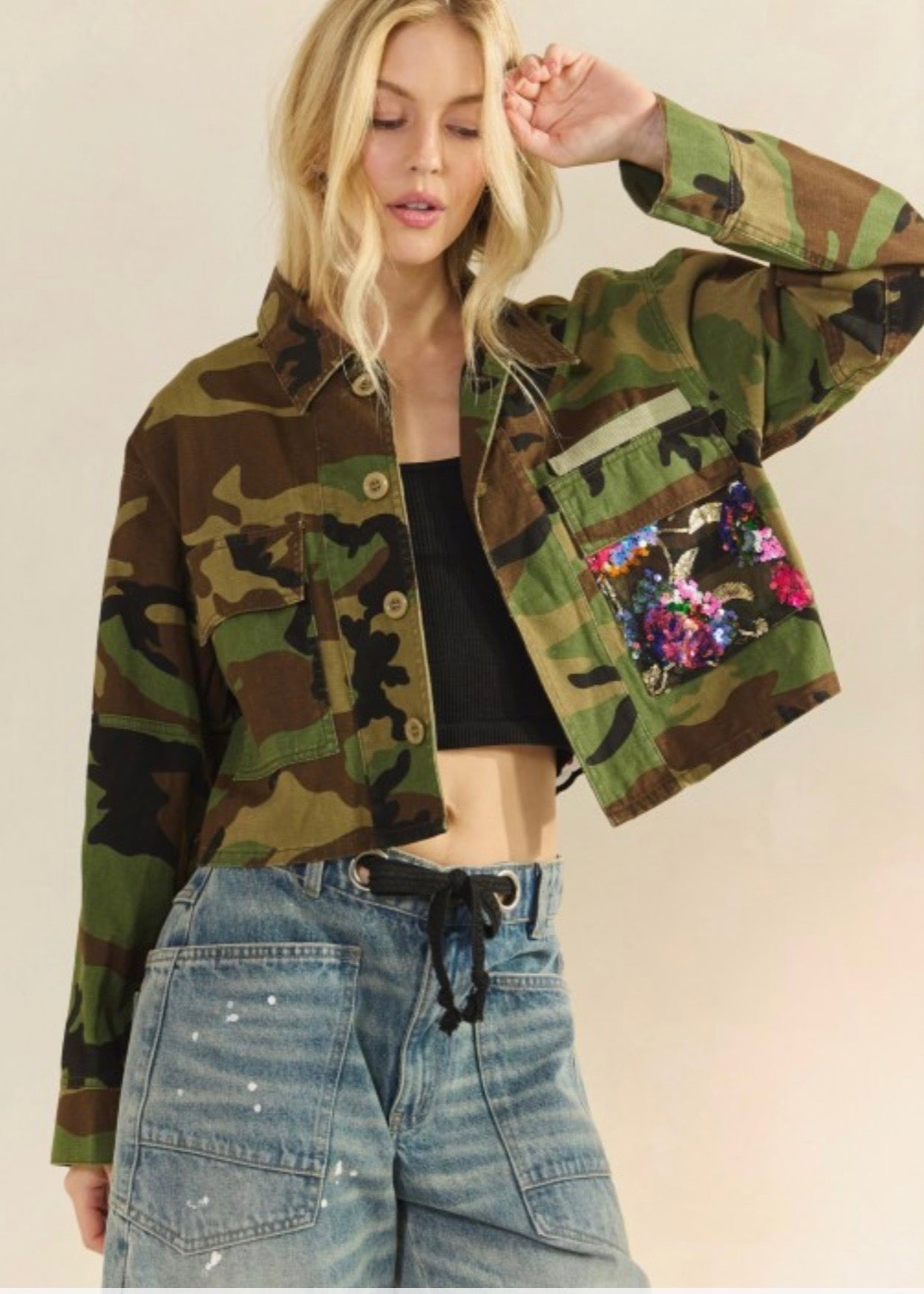 The Pink Door Camo Jacket w/ Back Sparkle Detail Black