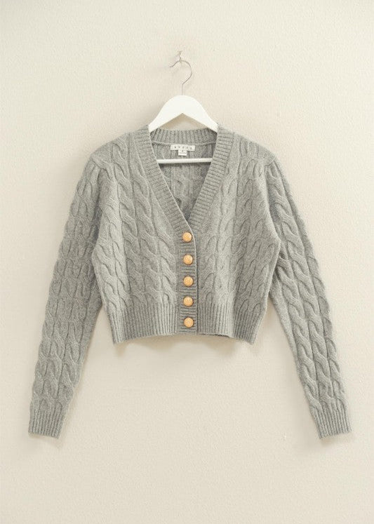The Pink Door Cable Knit Cardi W/ Gold Buttons Grey