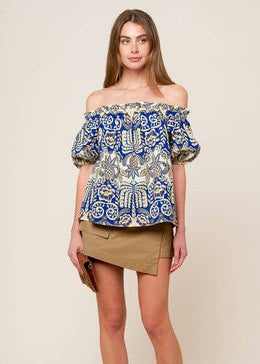 The Pink Door Blue and Gold Print Top