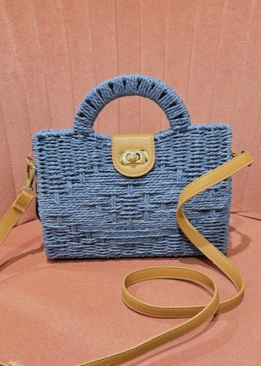 The Pink Door Mini Wicker Bag w/ Crossbody Strap Blue