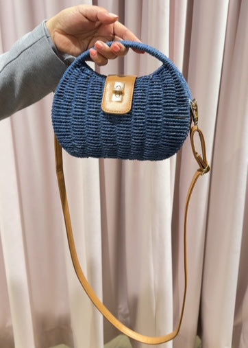 The Pink Door Mini Wicker Purse w/ Cross Body Strap Blue