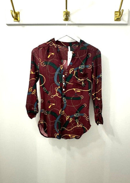 The Pink Door Horsebit Print Mesh Shirt Wine