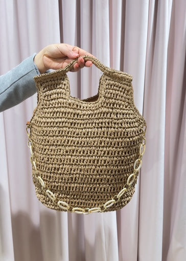 The Pink Door Raffia Oblong Bag w/ Large Chain Detail Taupe