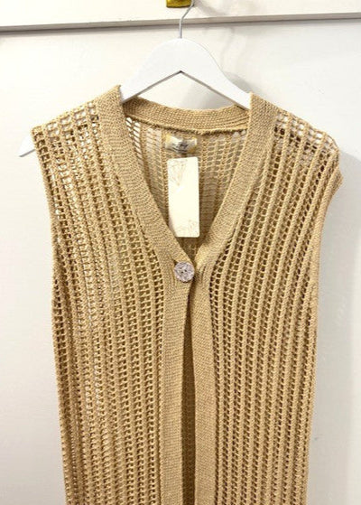 The Pink Door Cotton Long Crochet Vest Beige